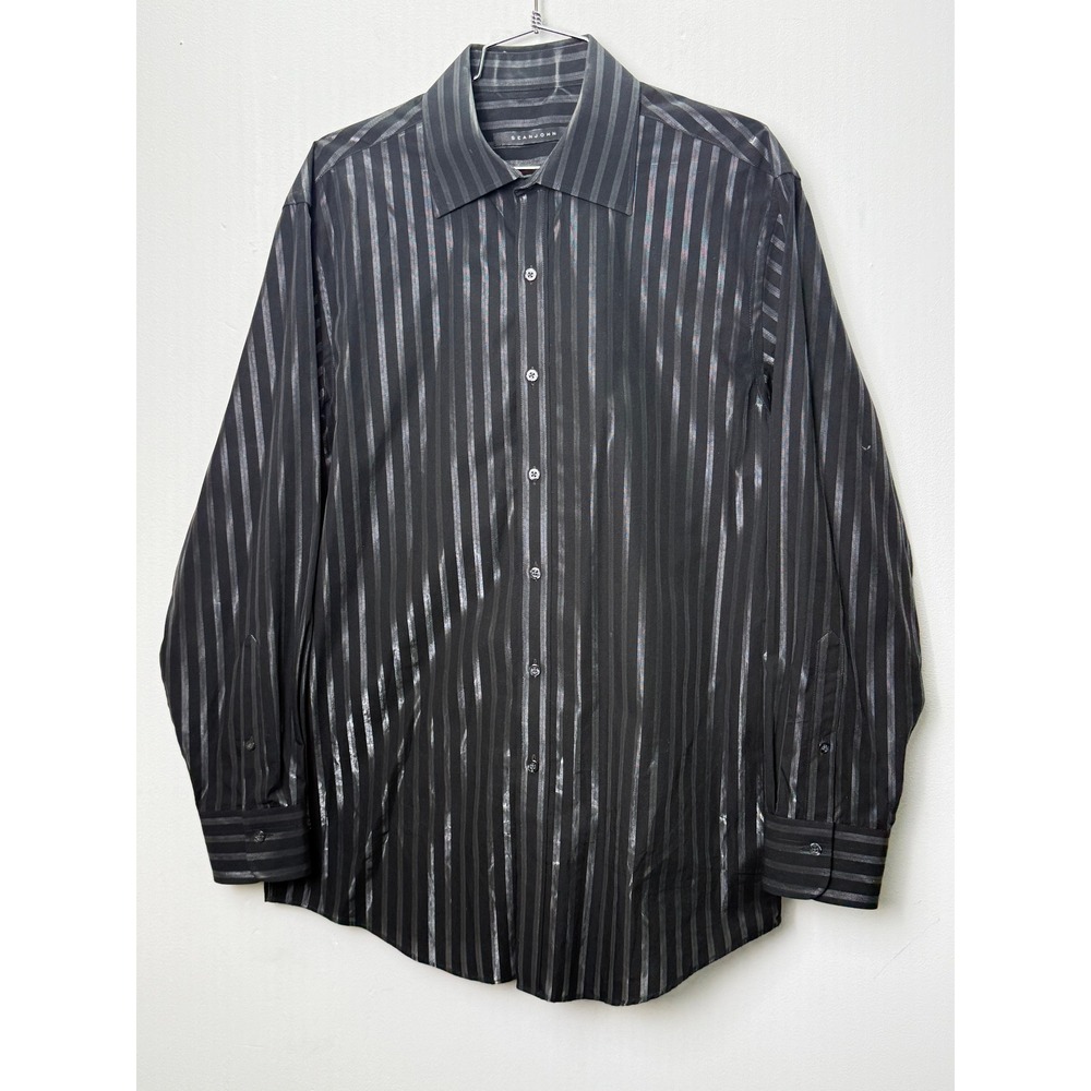 Sean John Men's Black Striped Dress Shirt Long Sleeve Regular Fit‎ Size 16 32/33